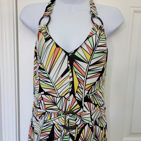 Derek Heart Halter Backless Wide Leg Tropical Retro Jumpsuit Ring Detail Size L - Picture 2 of 12